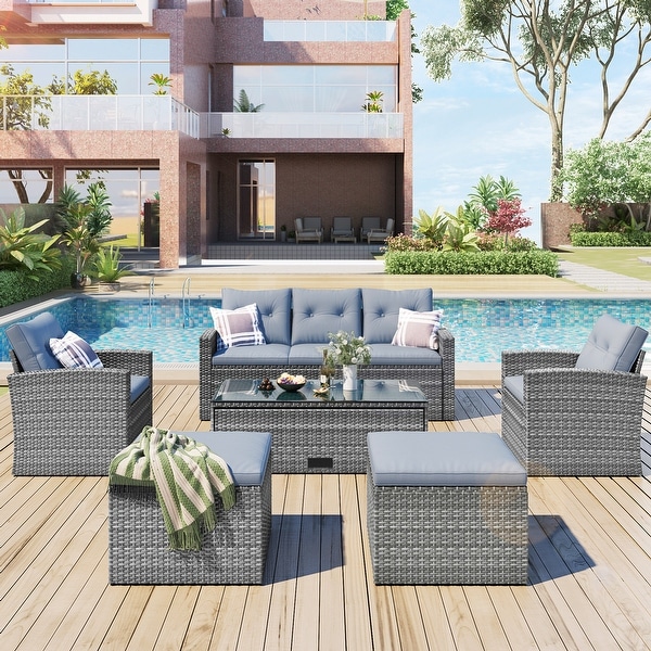 6piece AllWeather Wicker PE rattan Patio Outdoor Dining Conversation Sectional Set with coffee table，wicker sofas，ottomans