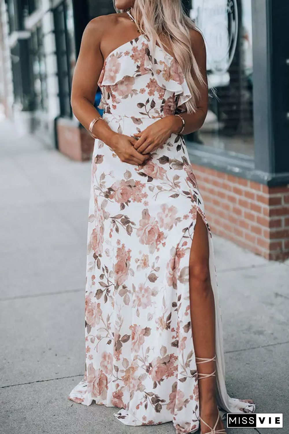 White Floral Slit Ruffled Halterneck Maxi Dress