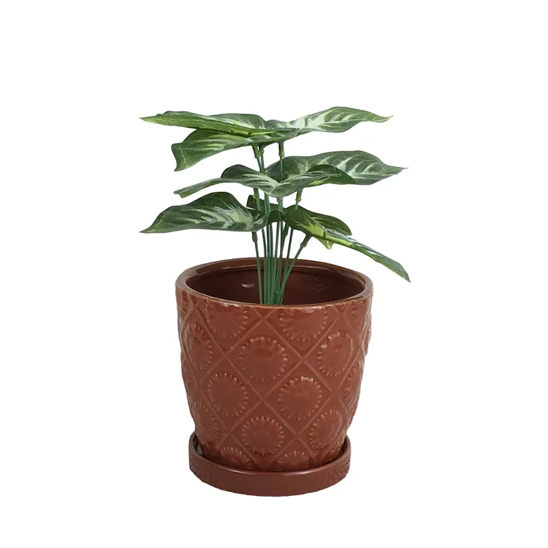 New Arrival Nordic Style Home Garden Supplies Glazed Flower Pot Wine red Round Ceramic Plant Pot with Dish