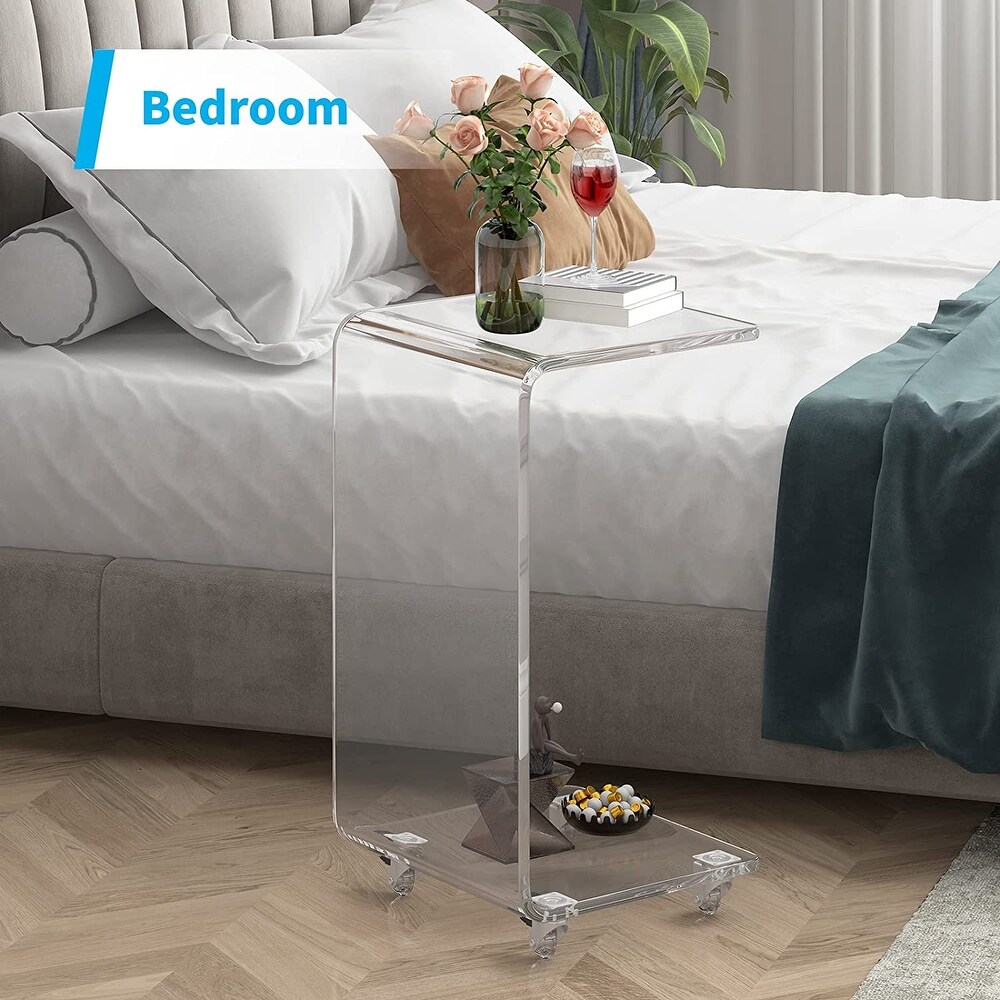 Mixoy C Shape End Table  Acrylic Side Table with Lockable Universal Wheels  Transparent Coffee Table for Storage