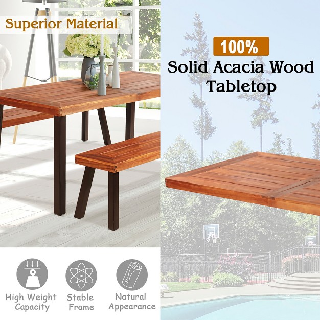 Costway 3 Pieces Picnic Table Set Acacia Wood Table Bench With Steel Legs Outdoor Patio