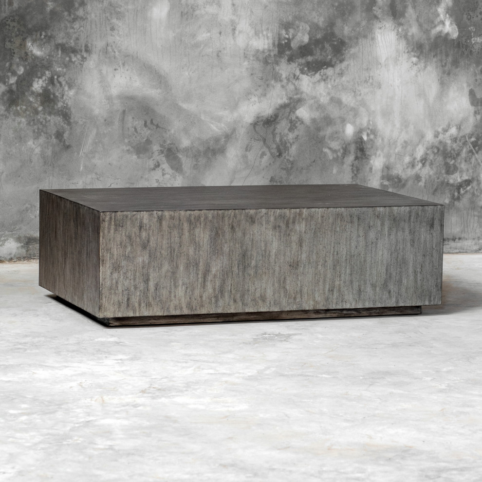 Modern Minimalist Wood Cube Block Coffee Table Solid Rectangle Gray Distressed   Transitional   Coffee Tables   by My Swanky Home  Houzz