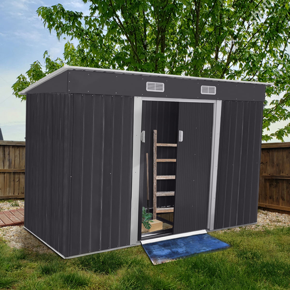 Jaxpety  9 x 4 Ft Garden Storage Shed Galvanized Steel Outdoor Tool House Heavy Duty w/ Floor Frame,Gray