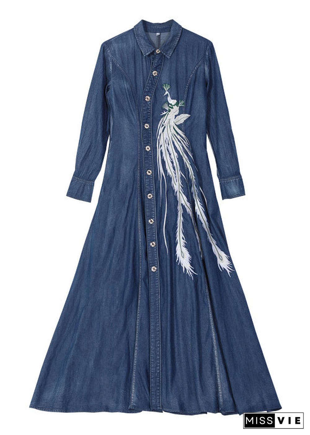 Slim Fit Blue Peter Pan Collar Button Waist retraction Embroideried Cotton Denim Dresses Long Sleeve