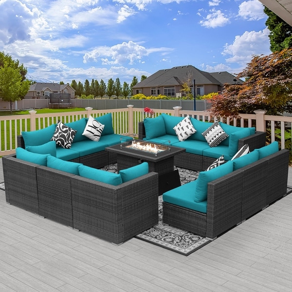 Nicesoul Outdoor Grey Wicker Sectional Furniture Patio Sofa Set with Firepit Table