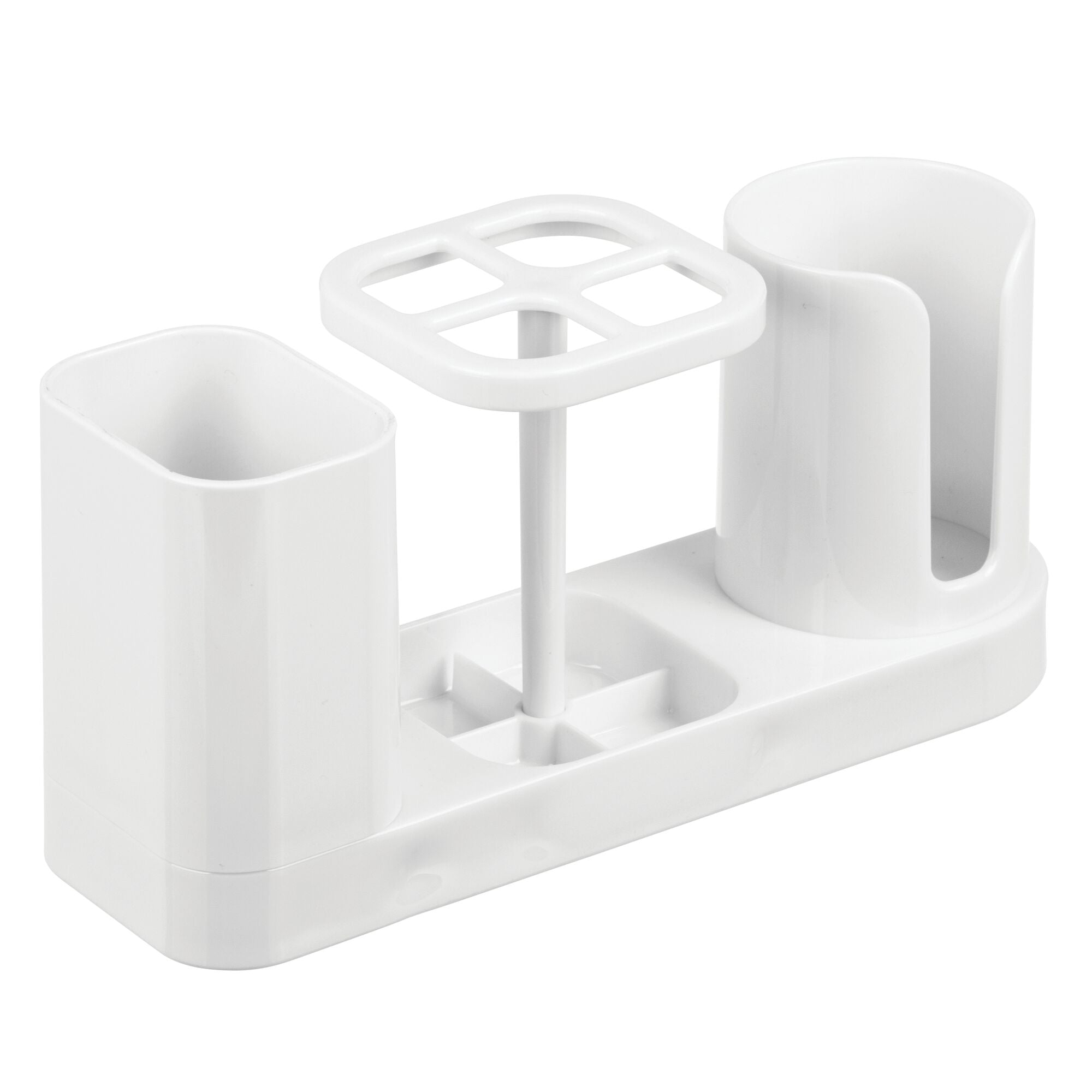 mDesign Plastic Bathroom Vanity Countertop Dental Storage Organizer Holder Stand for Electric Spin Toothbrushes/Toothpaste with Compartment for Rinse Cups - Compact Design - White