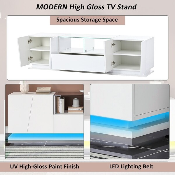 Tempered Glass TV Stand with Sorage and LED Color Changing Lights