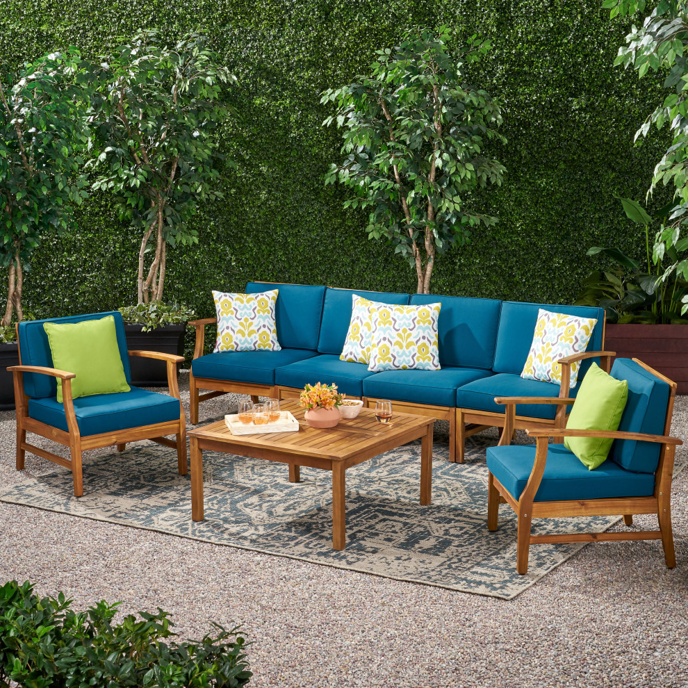 GDF Studio Scarlett Outdoor 6 Seat Teak Finished Acacia Wood Sofa and Table Set   Contemporary   Outdoor Lounge Sets   by GDFStudio  Houzz