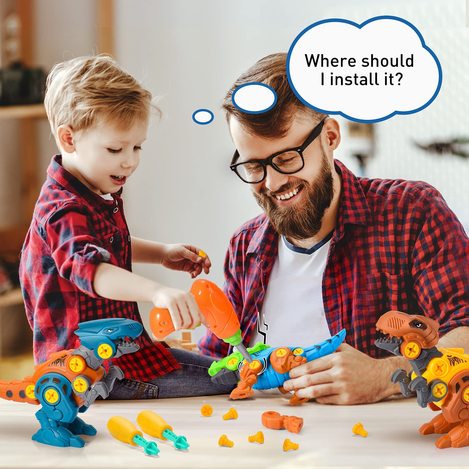 Take Apart Dinosaur Toys for 3 4 5 6 Year Old Boys， Electric Drill Tool Dinosaurs Construction Building Toys for Kids Age 3-7