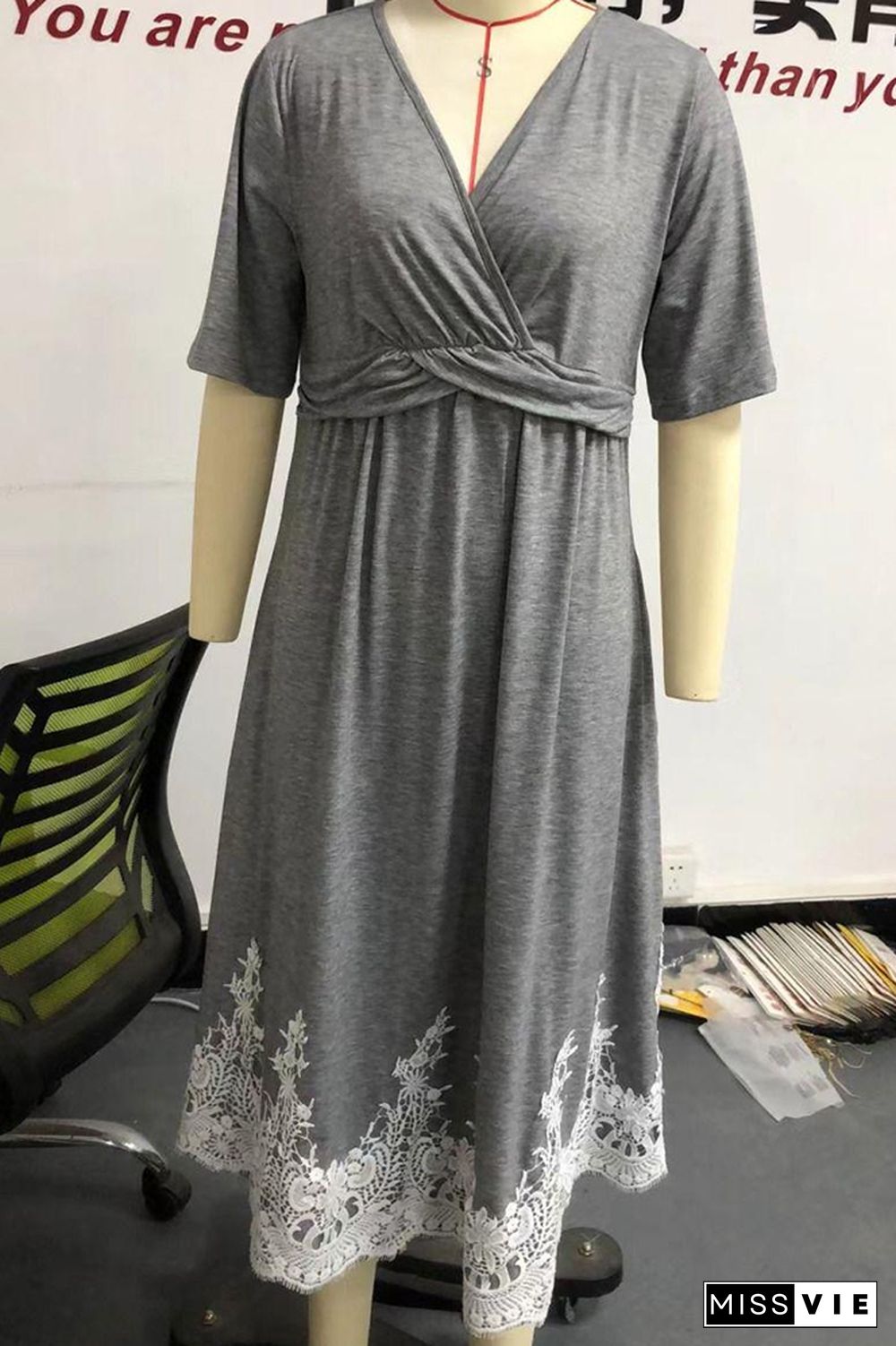 Grey Wrap V Neck Gathering Lace Hem Maix Dress