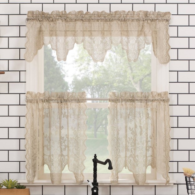 Set Of 2 36 quot x58 quot Alison Floral Lace Sheer Rod Pocket Kitchen Curtain Tier Beige No 918