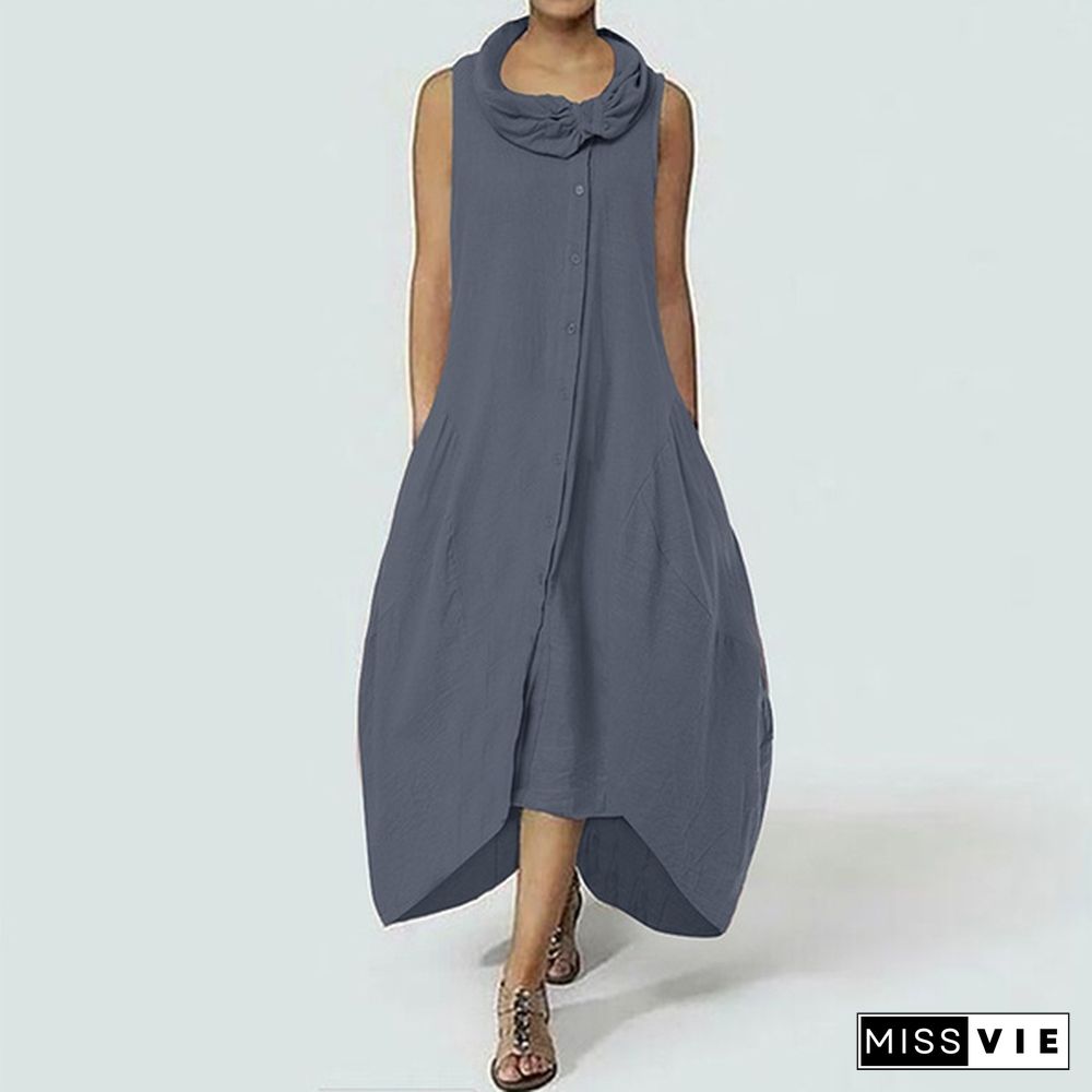 Women Cowl Neck Sleeveless Cotton Sundress Plus Size Irregular Hem Maxi Dress