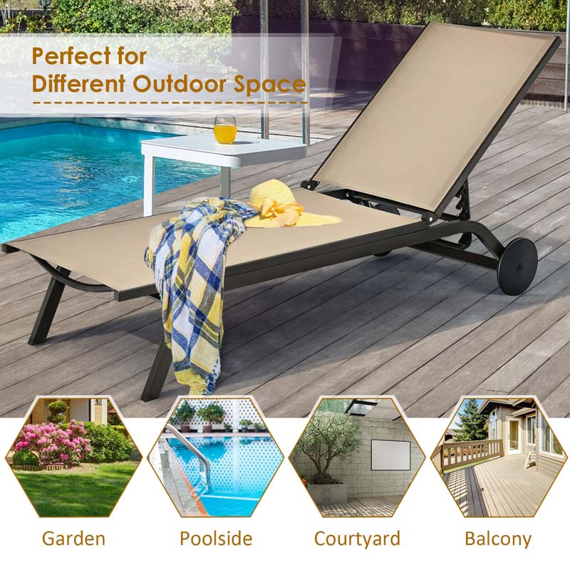 Aluminum Patio Chaise Lounge Chair with Wheels, 6-Position Fabric Outdoor Sun Lounger for Pool Beach Deck Yard