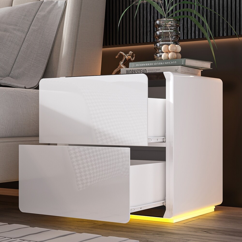 White Modern LED Nightstand High Gloss Bedside Tables with 2 Drawers