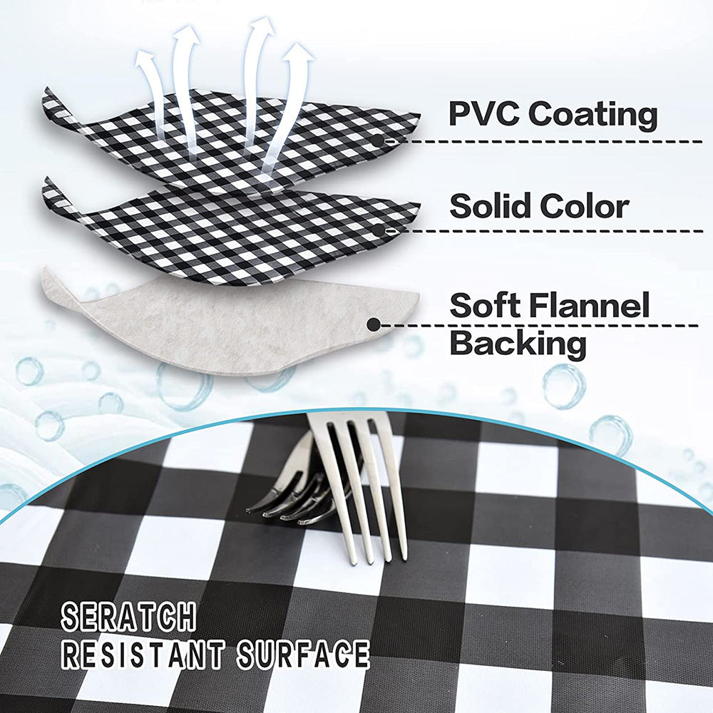 Vinyl Round Fitted Tablecloth With Umbrella Hole Table Cover With Flannel Backing Oil&Waterproof Wipeable Vibrant Colors Elastic Edge Table Cover - Black & White Grid 45-56"