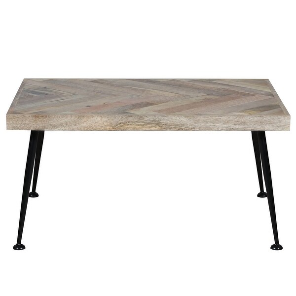 36-Inch Rectangular Mango Wood Coffee Table， Herringbone Design， Iron Legs