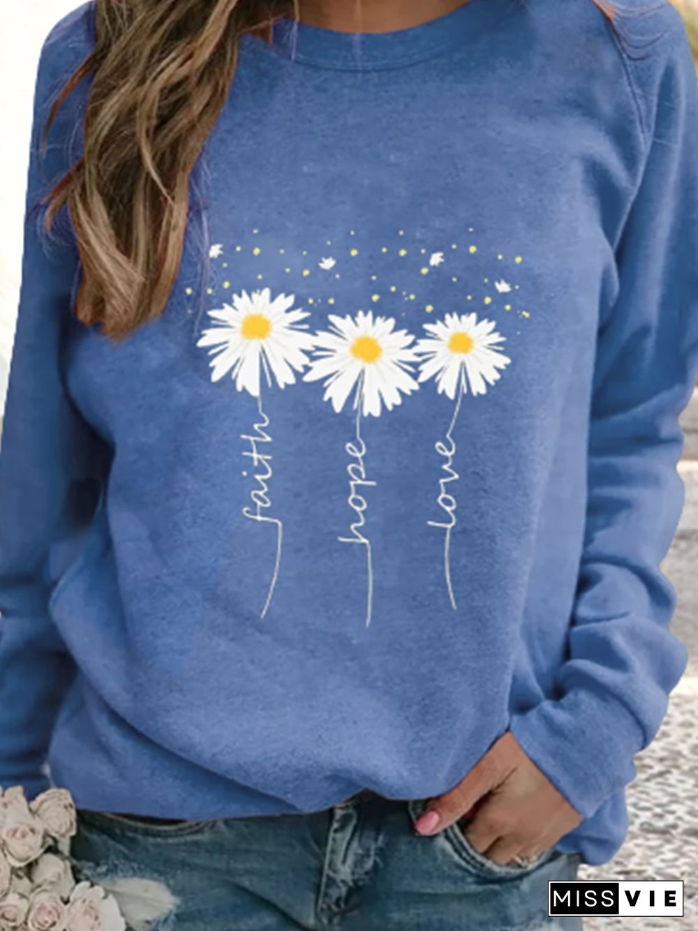 Women Casual Floral Autumn Micro-Elasticity Loose Jersey Standard Crew Neck Regular Sweatshirts