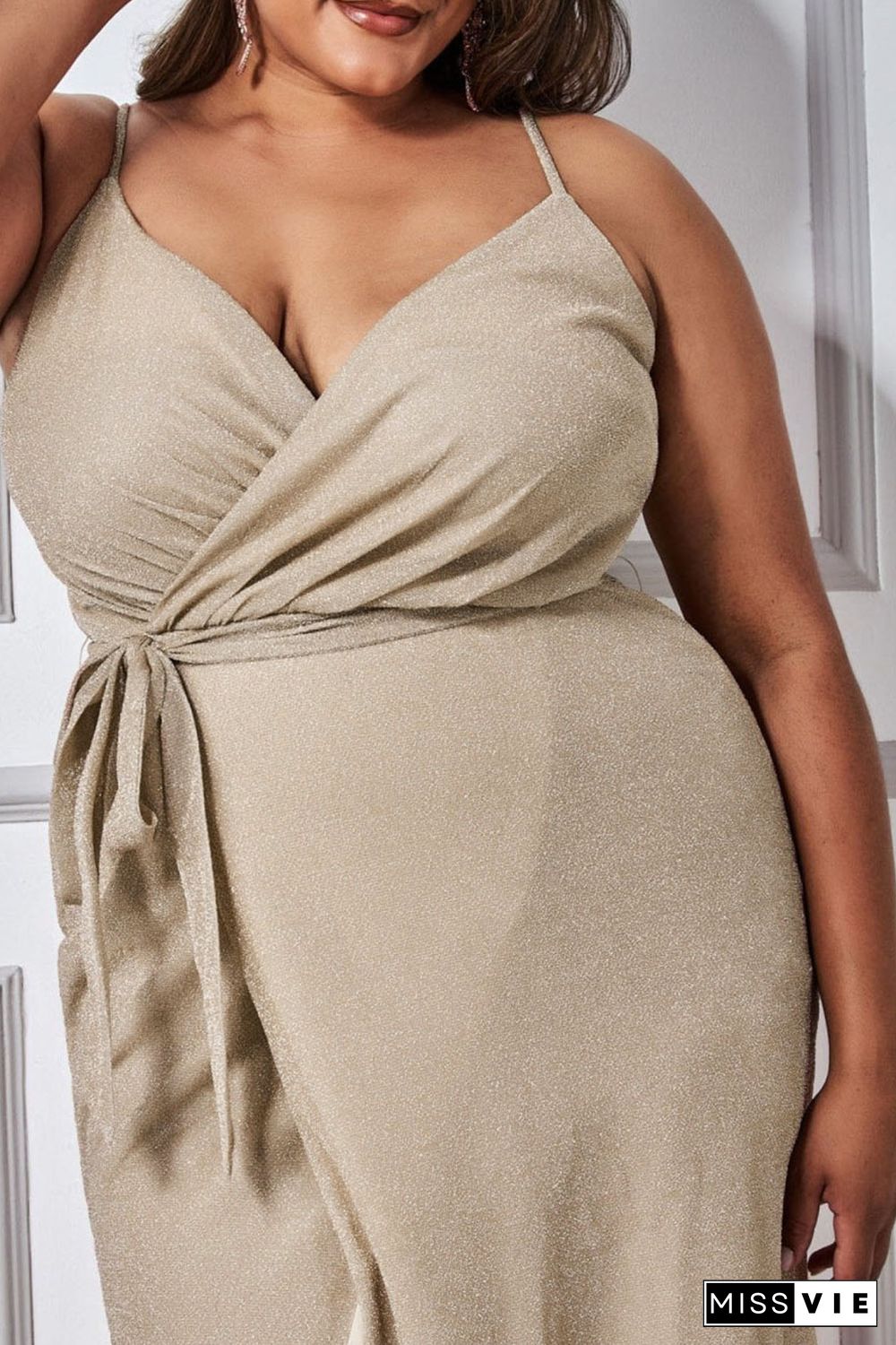 Apricot Plus Size V Neck Wrap Spaghetti Straps Maxi Dress