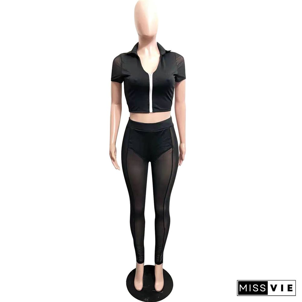 Sheer Mesh Patchwork Zip Crop Top Skinny Pants Set