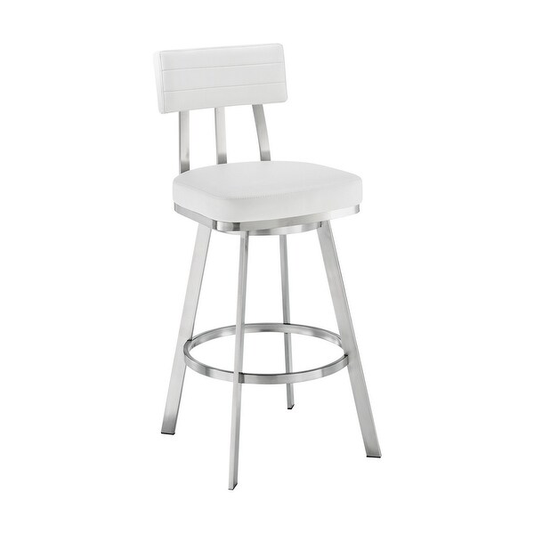 Col 30 Inch Swivel Bar Stool， White Faux Leather， Stainless Steel Legs