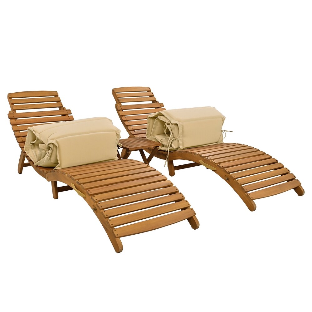 Outdoor Patio Wood Portable Extended Chaise Lounge Set with Foldable Tea Table