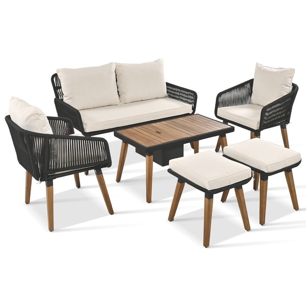 Deep Seat Patio Conversation Set with Two Stools for Backyard Porch Balcony，6Piece