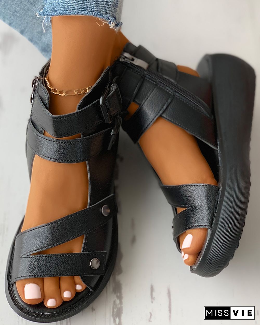 Double Strap Ankle Buckled Flat Sandals