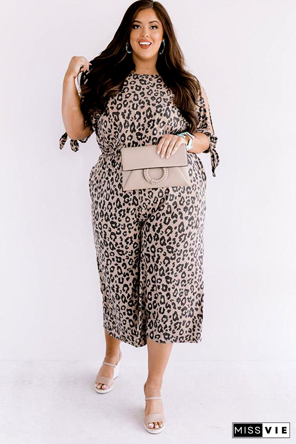 Leopard Print Cut-out Half Sleeve Plus Size Jumpsuit