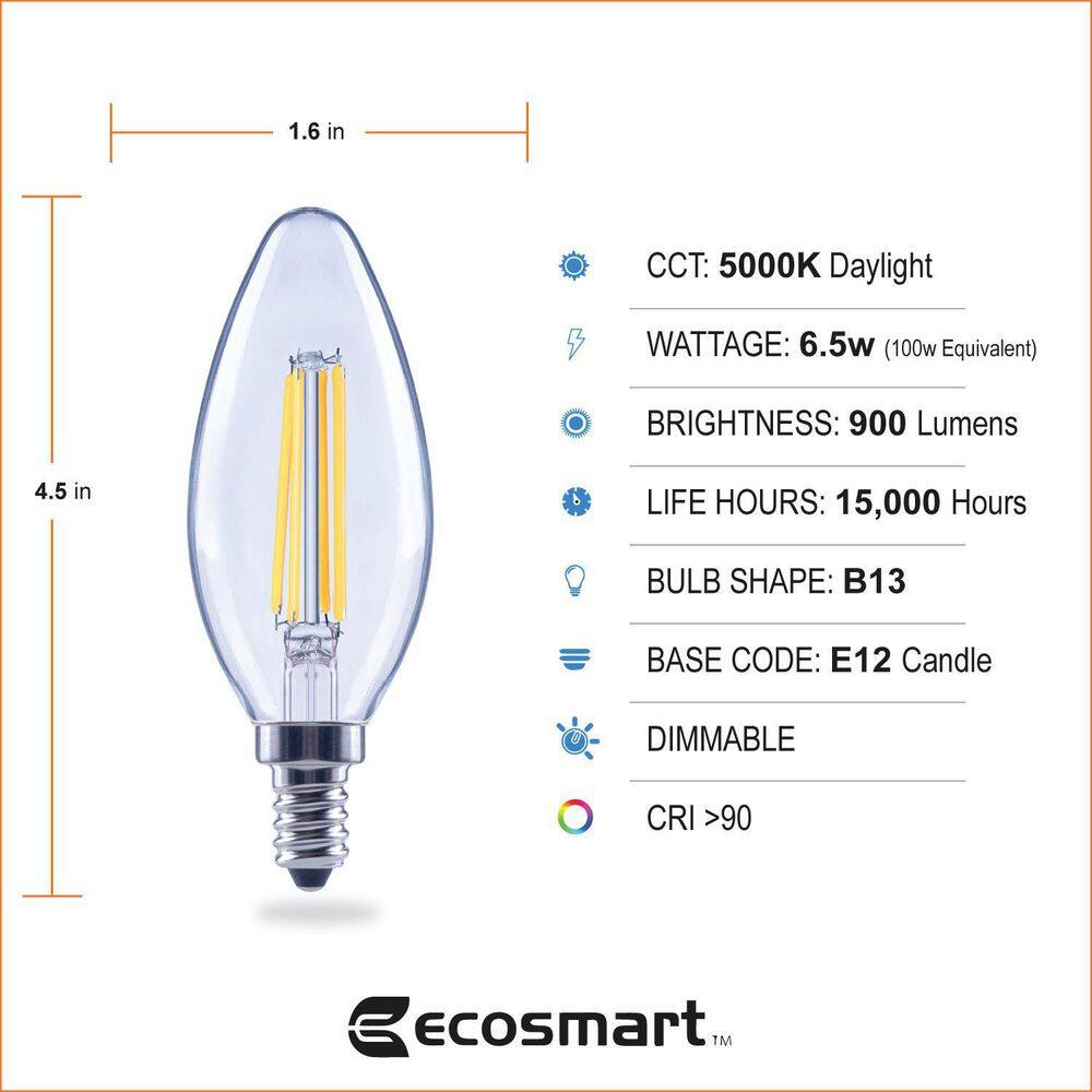 EcoSmart 100-Watt Equivalent B13 Dimmable Blunt Tip Clear Glass Candelabra Base LED Vintage Edison Light Bulb Daylight (3-Pack) B131H950DE12C1A