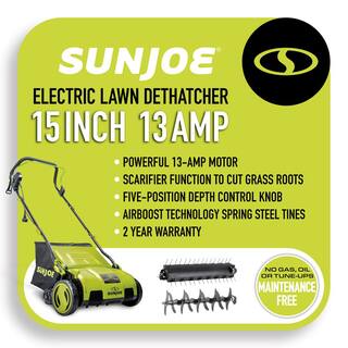 Sun Joe 15 in. 13 Amp Electric Lawn Dethatcher with Collection Bag AJ805E