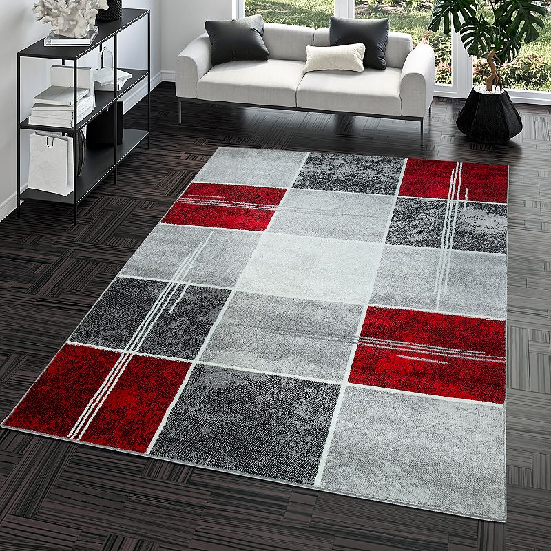 Grey Red White Area Rug Checkered with Marble Effect in Mottled Colors