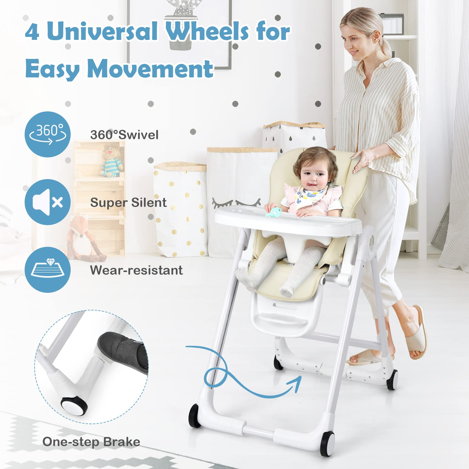 Baby High Chair, Folding Highchair w/ 4 Wheels, One-Step Brake