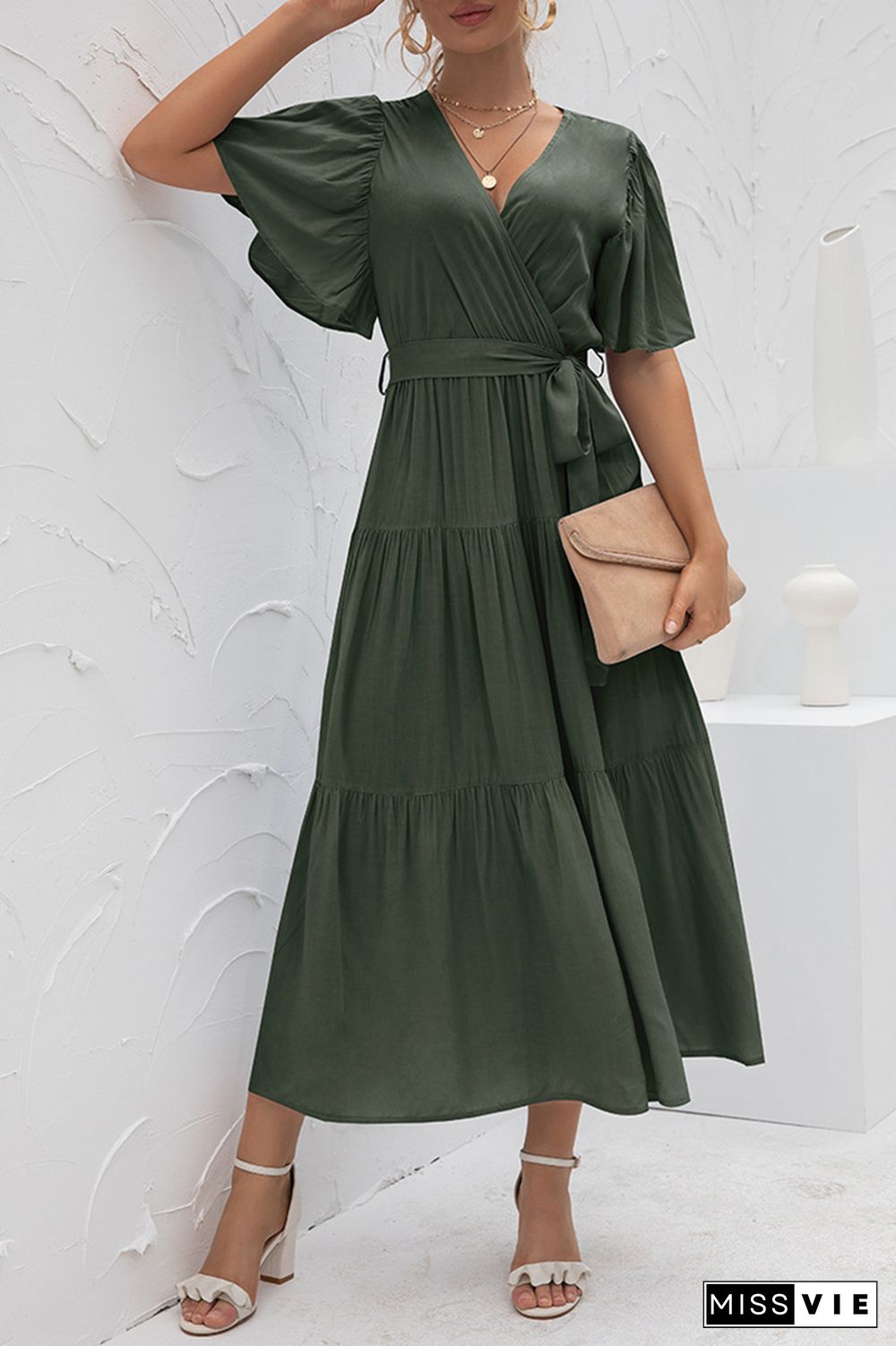 Elegant Solid Split Joint With Belt V Neck Cake Skirt Dresses