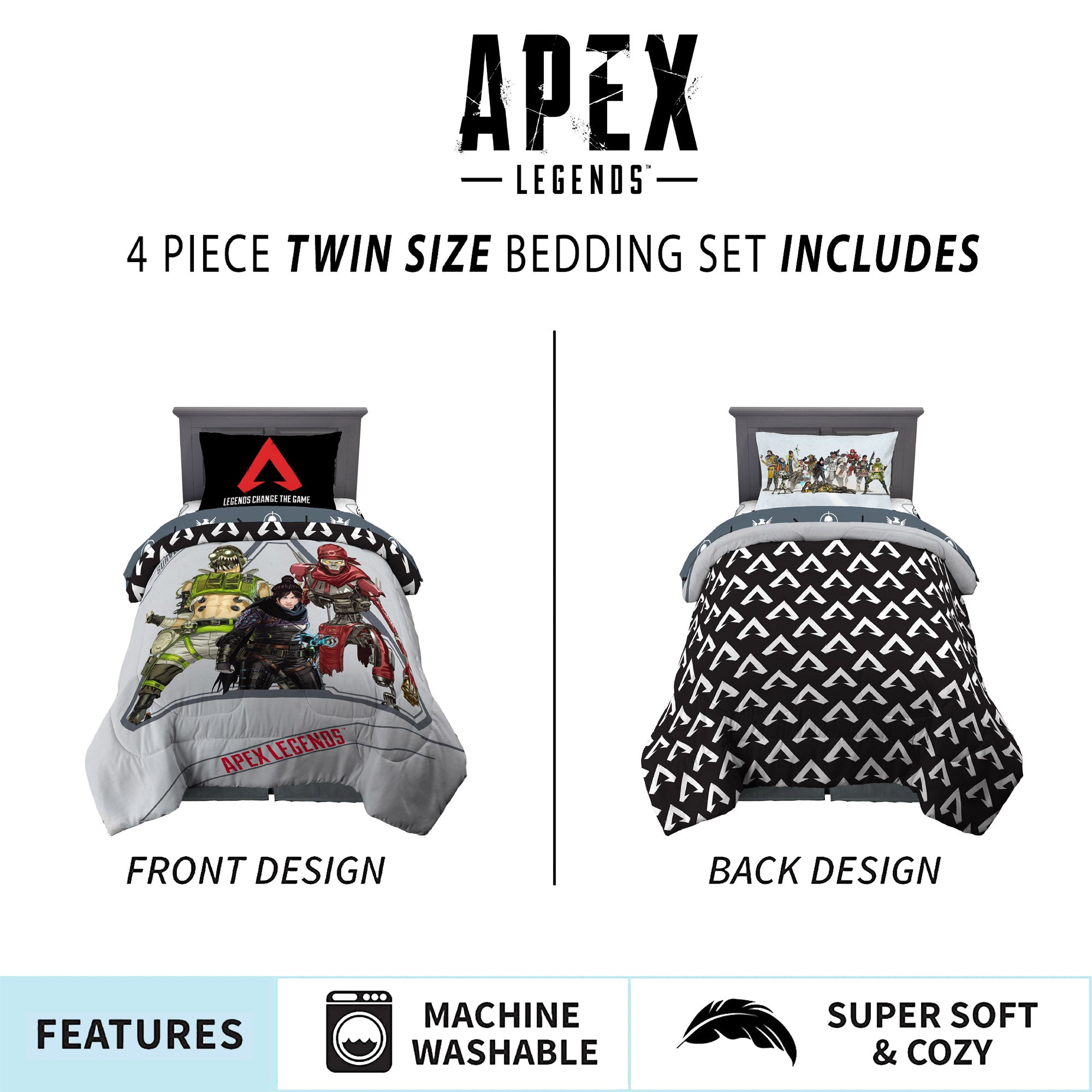 Apex Legends Twin Bed in a Bag， Gaming Bedding， Comforter and Sheets， Grey