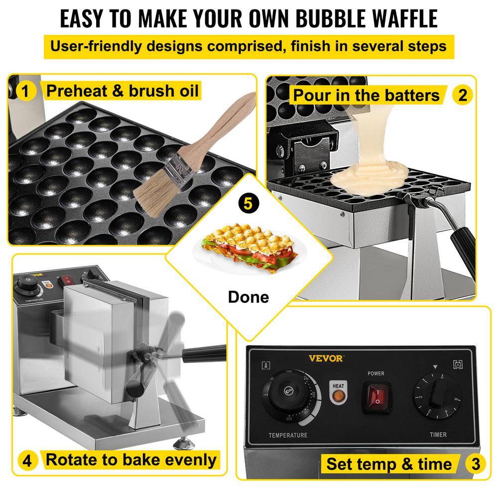 VEVOR Commercial Bubble Waffle Maker 8 in. Silver Square Mould 122-572F Adjustable Stainless Steel Baker DJFXZMC110VQWJ224V1