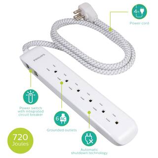 Philips 4 ft. 163 6-Outlet 720J Surge Protector Power Strip Extension Cord White SPC3064WE37