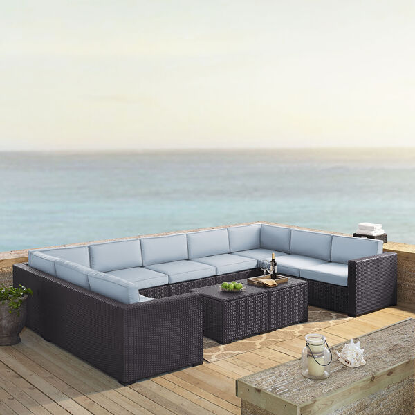 Biscayne 9 Person Outdoor Wicker Seating Set in Mist - Four Loveseats， One Armless Chair， Two Coffee Tables