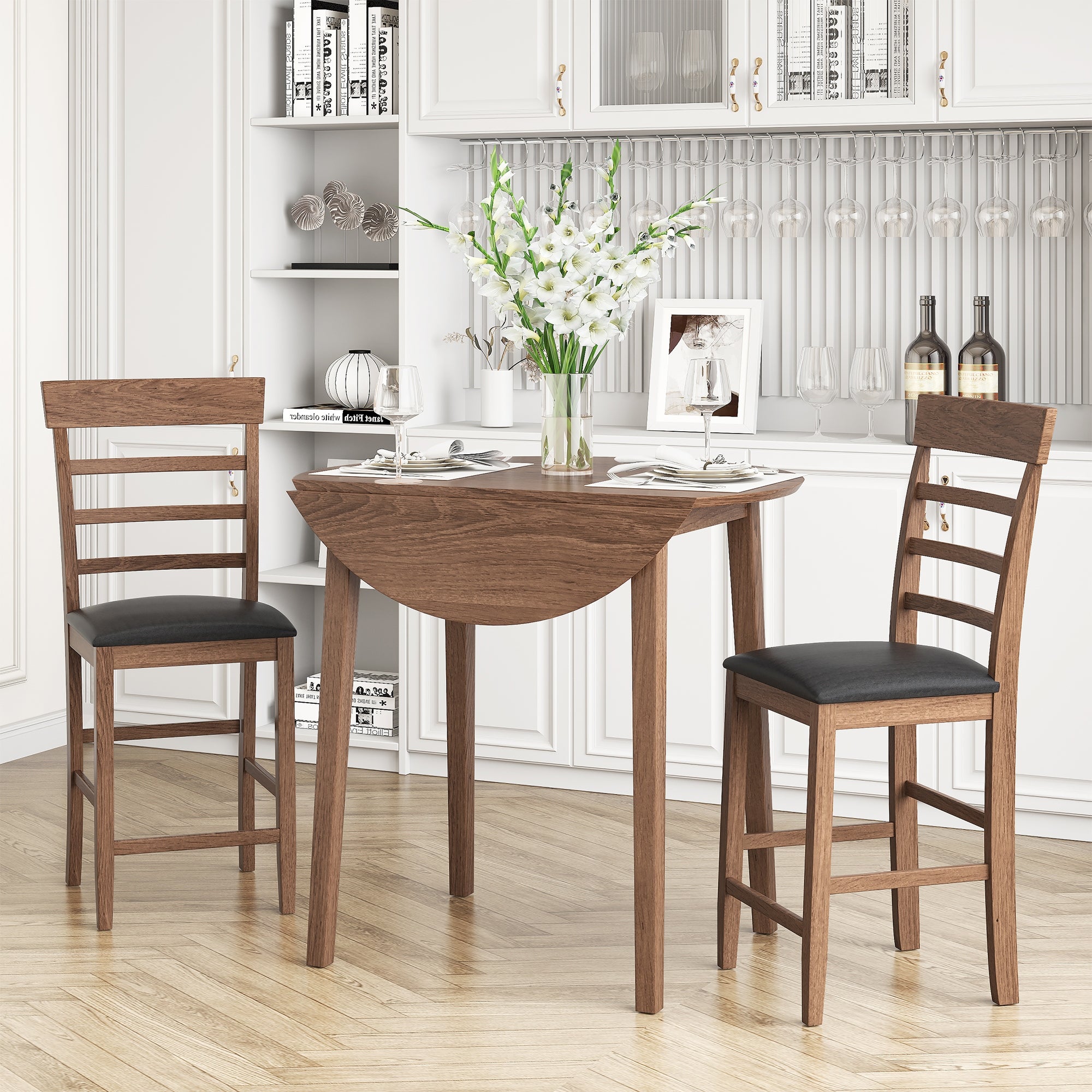 3-Piece Round Counter Height Drop-Leaf Table with 2 Upholstered Chairs， Dining Table Set Pub Set with PU leather Cushion