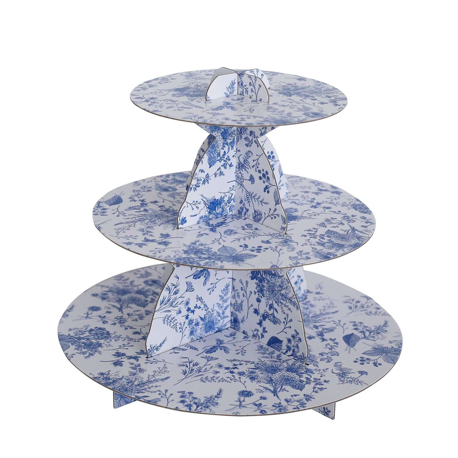 3-Tier White Blue Cardboard Cupcake Stand with French Toile Floral Pattern, Tea Party Dessert Display Stand Round Serving Platter - 11