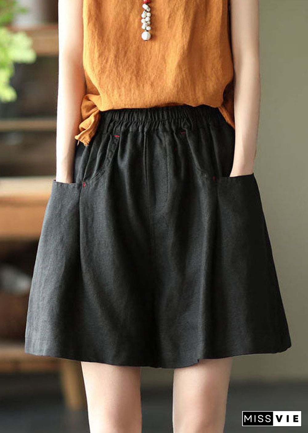 Casual Solid Black Elastic Waist Linen Shorts Trousers Summer