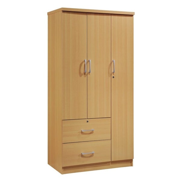 Hodedah Import 3 Door Armoire with Clothing Rod， Shelves， and 2 Drawers， Beech - - 37191669