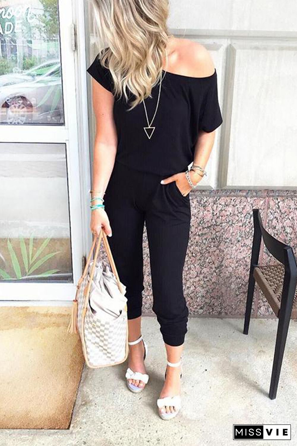 Black Sloping Shoulder Short Sleeve Jumpsuit