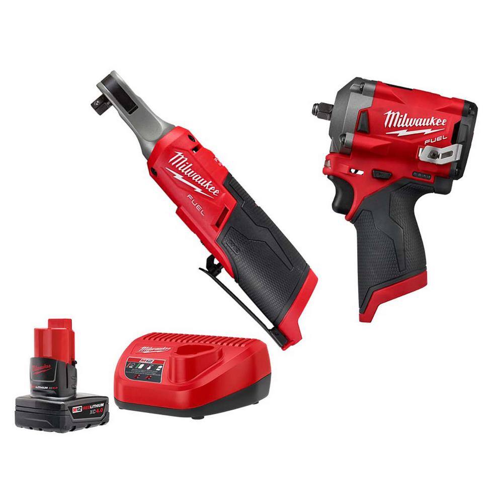 MW M12 FUEL 12-Volt Lithium-Ion Brushless Cordless High Speed 38 in. Ratchet  38 in. Impact Wrench wBattery  Charger 48-59-2440-2567-20-2554-20