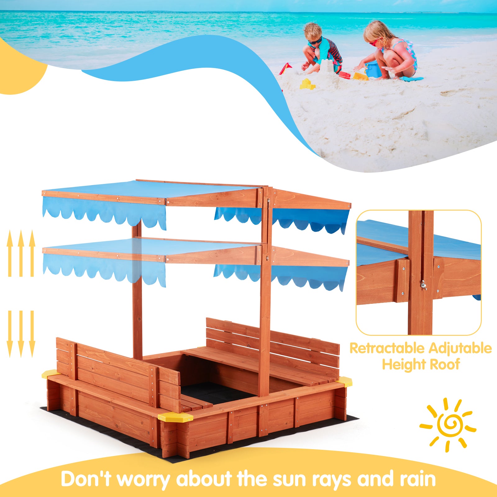 AVAWING Kids Sandbox with Canopy(47.2x 47.2x 47.2)，Wooden Sandbox Toys for Toddlers aged 2-4， with Two Beach Seats， UV-Resistant and Adjustable Height Roof Sand Protection， Blue and Red