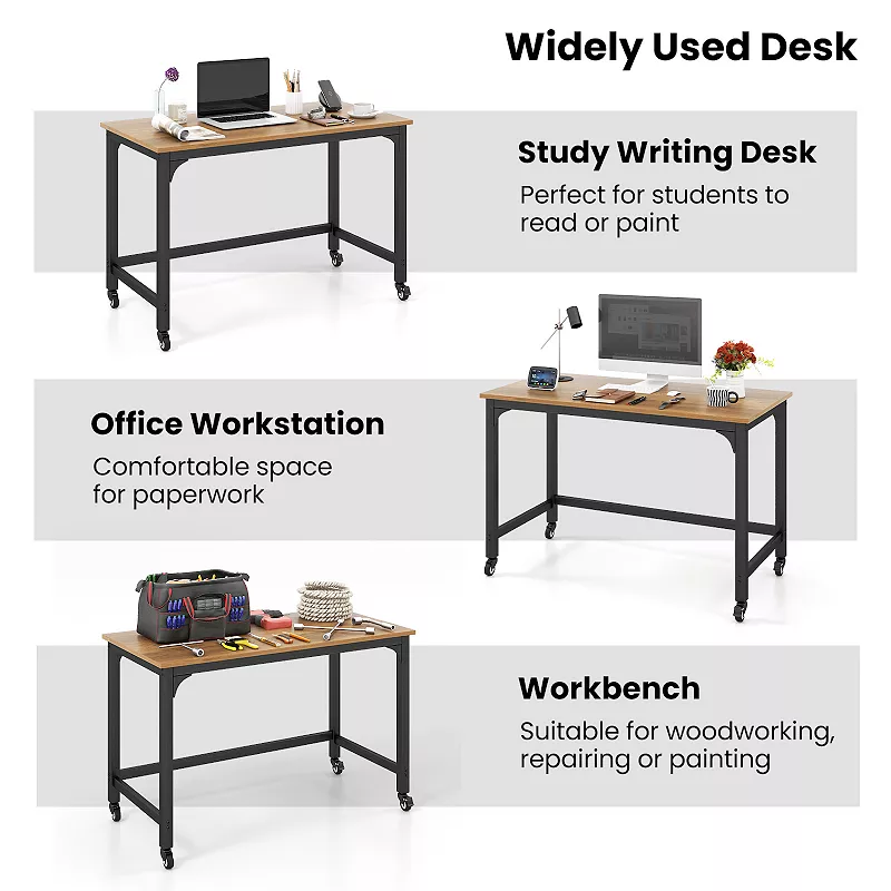 48 Rolling Computer Desk With Heavy-duty Metal Frame For Home And Office-Natural