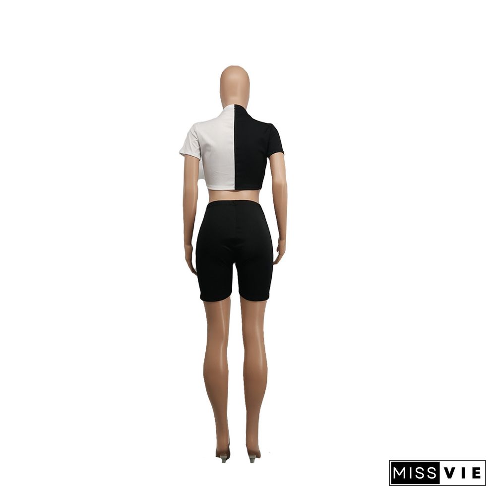 Summer Outfits Sexy Patchwork Short Sleeve Criss-Cross Bandage Crop Top Biker Shorts Two Piece Set