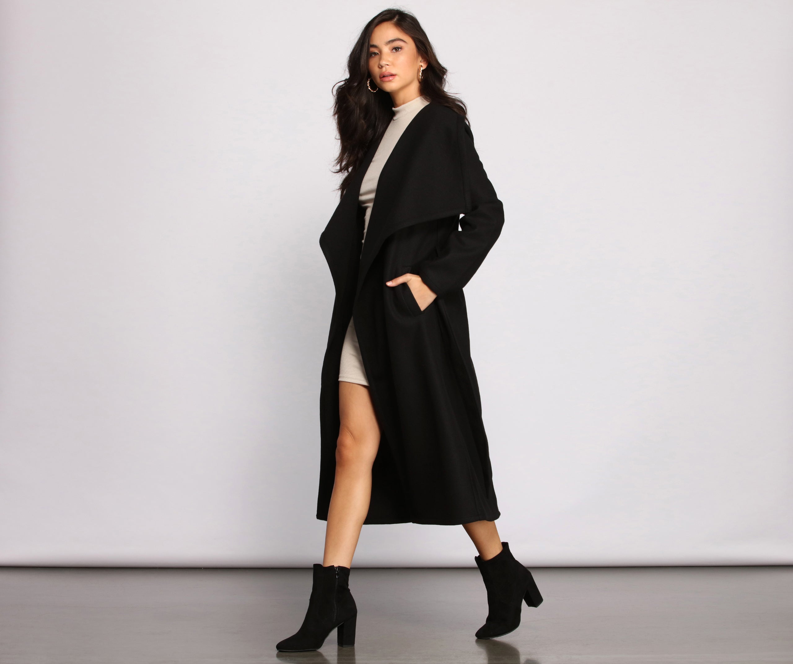 Day Chic Drape Front Belted Coat