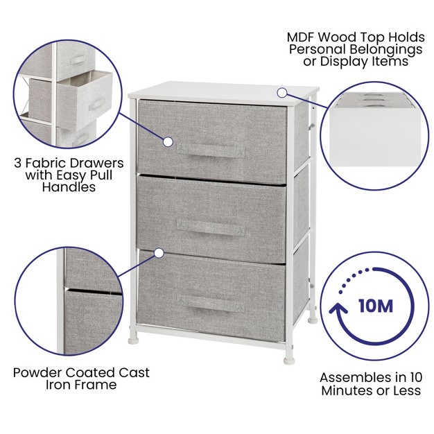 Emma And Oliver 3 Drawer Vertical Storage Dresser With Wood Top amp Fabric Pull Drawers