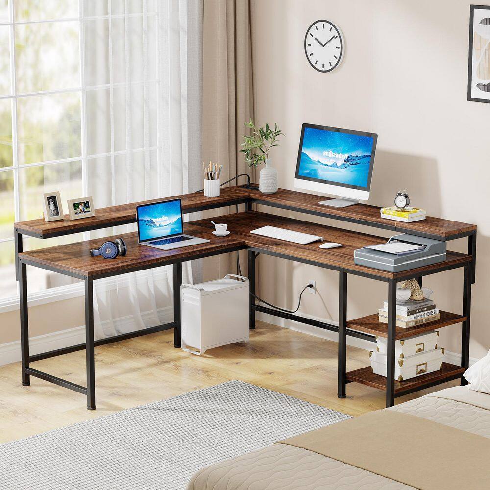 Perry 78.7 in. L Shaped Rustic Brown Wood Computer Desk with Power Outlets Monitor Stand and Storage Shelves HD-YU220389