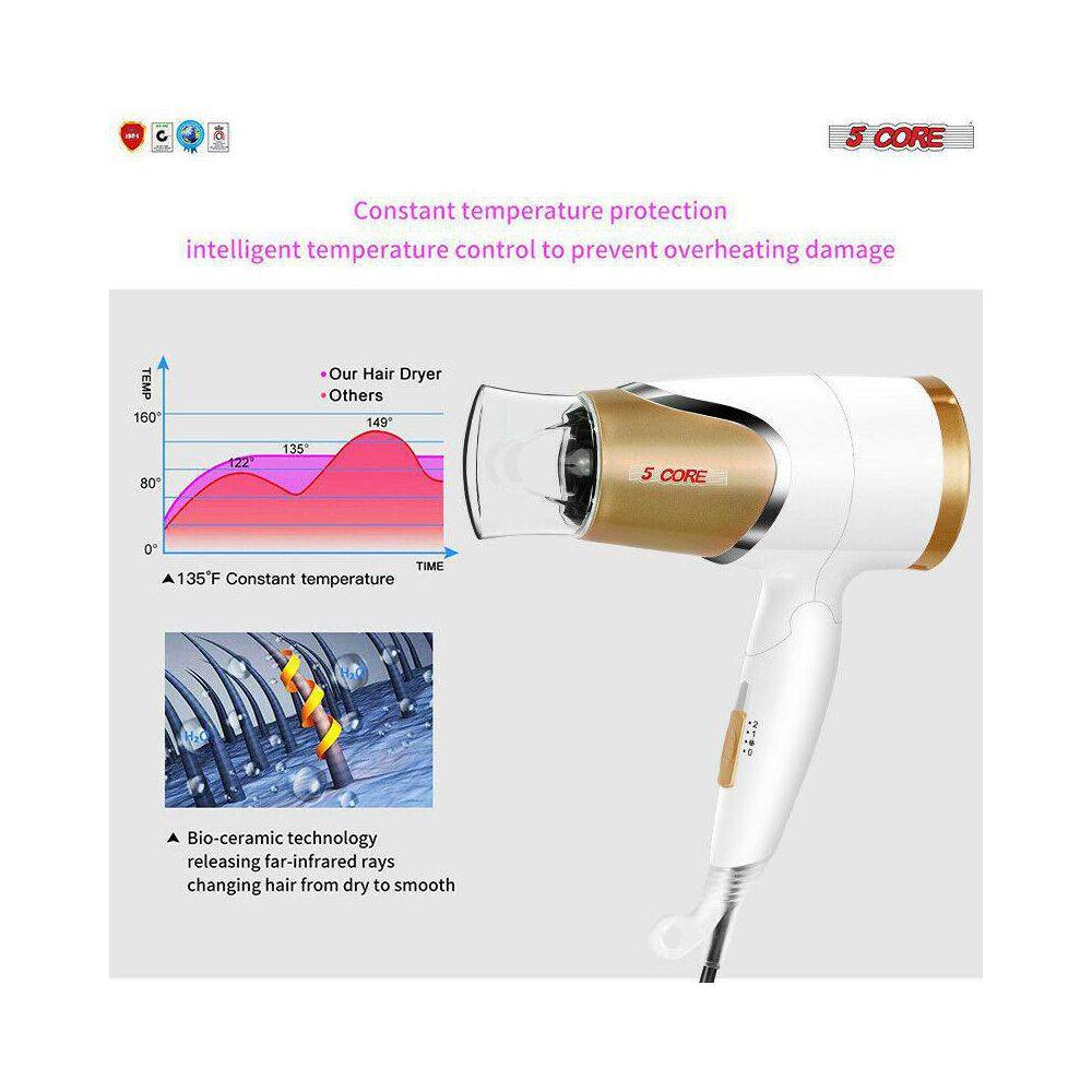 Aoibox 1875-Watt Lightweight Conditioner Home Hairdryer and Travel Hair Dryer Negative Ion Hair Dryer in White and Gold HDDB880